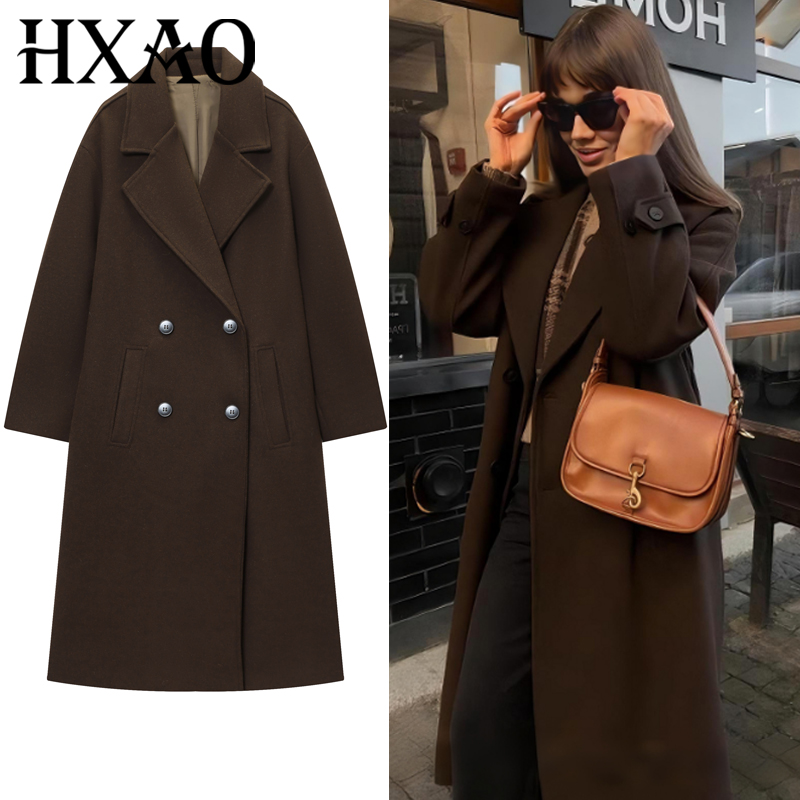 Wool Coat Peacoat - HXAO Women's Coat Brown Tweed Wool