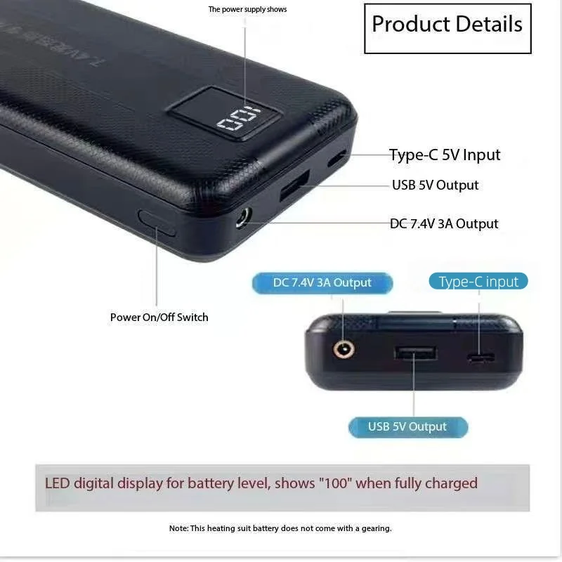 Heated Vest Battery - New Large Capacity 7.4V/3A/16000mAh/20000mAh Power Bank