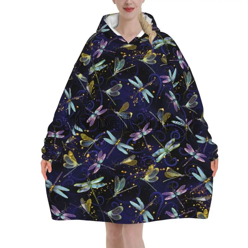Sherpa Hoodie Fleece - Dragonfly Galaxy Wearable Blanket Hoodie Women