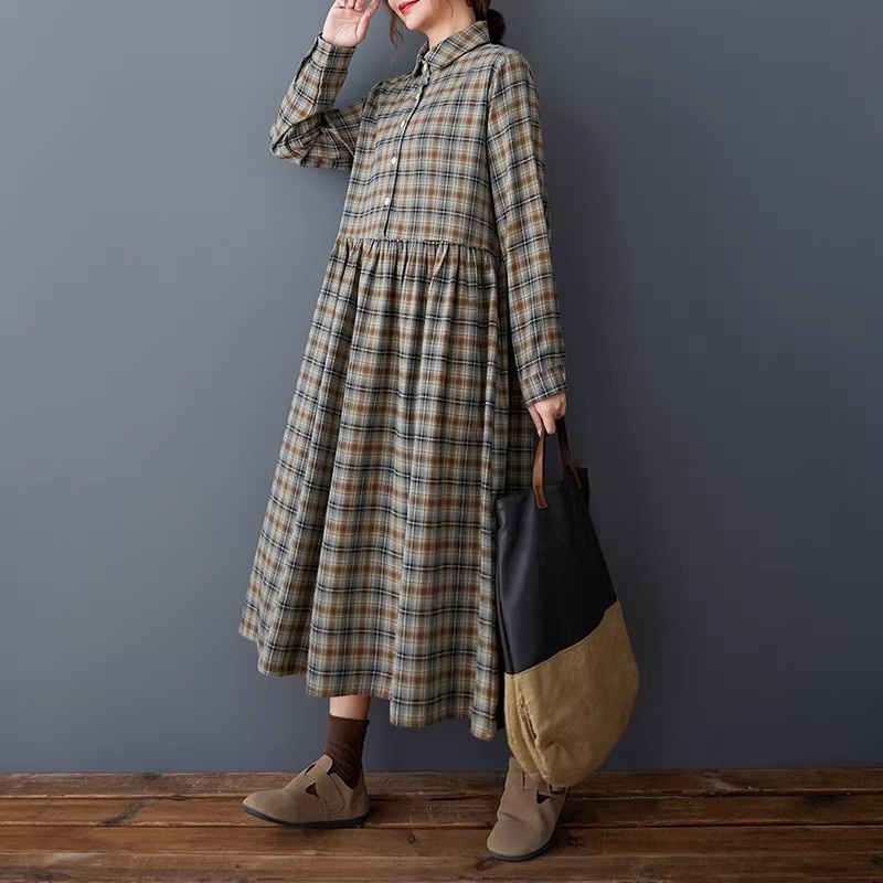 Flannel Shirt Lined - Korean Loose Retro Plaid Shirt Dress-