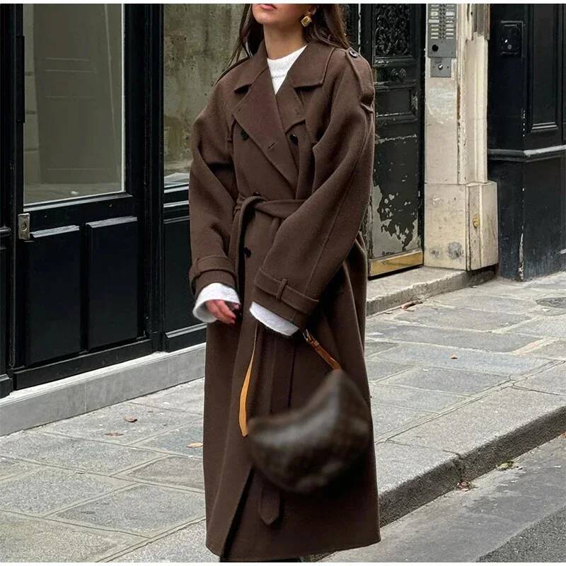 Elegant Grey Belt Long Faux Wo - Wool Coat Peacoat recension och pris
