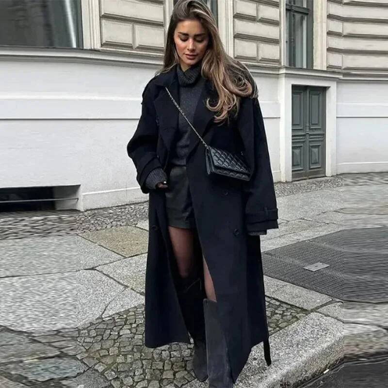 Elegant Grey Belt Long Faux Wo - Wool Coat Peacoat recension och pris