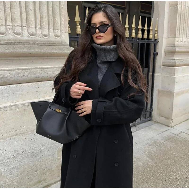 Elegant Grey Belt Long Faux Wo - Wool Coat Peacoat recension och pris