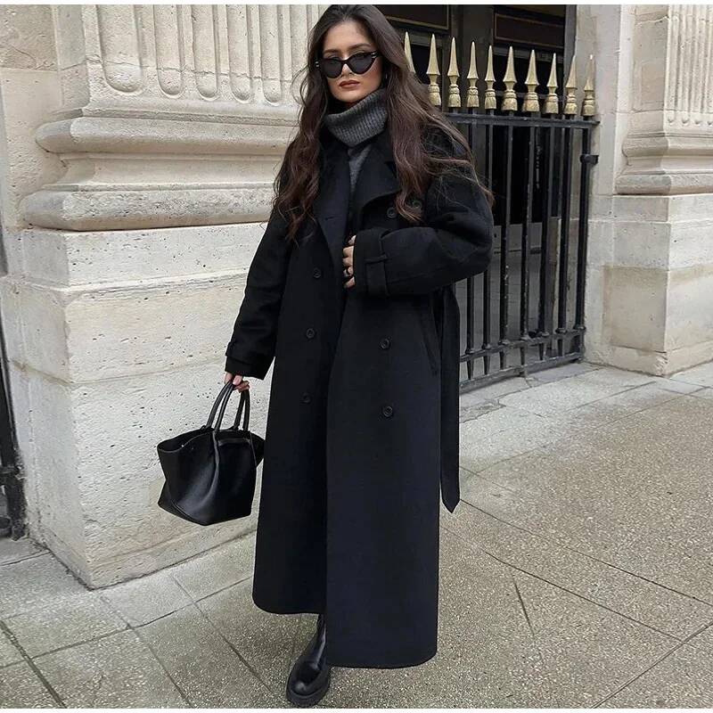 Elegant Grey Belt Long Faux Wo - Wool Coat Peacoat recension och pris